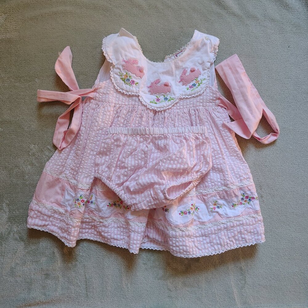 Pink Bunny Easter dress - 12M - Cotton Kids - Matching bloomers